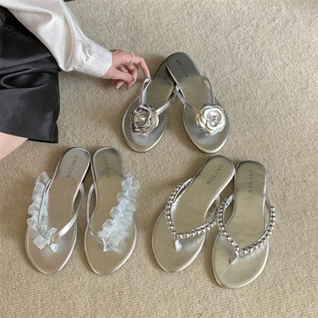 Чехли с цветен модел дамски сандали 2022 г., Лятна ежедневни обувки, дамски чехли на равна подметка Ins, вечерни дамски обувки с отворени пръсти, обувки с кристали