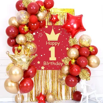 Украса за Парти в чест на рождения Ден на Момичета за 1 година, Червен Златната Топка за Рожден Ден за Момиче на 1 Месец с Плакат за рожден Ден, Украса Завеса с ресни