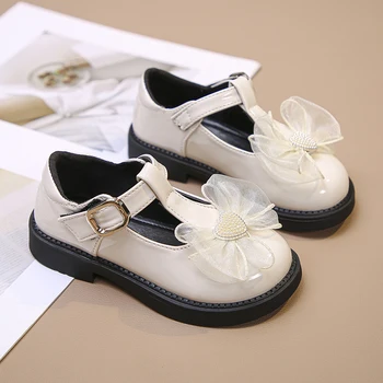Кожени обувки за момичета; Колекция 2022 г.; Есен Нова детски обувки Принцеса свързани с лък за малки момичета; тънки обувки; Модерни детски обувки на равна подметка; Нескользящая 1