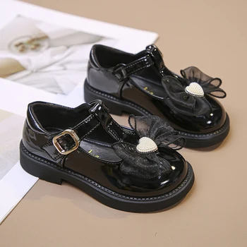 Кожени обувки за момичета; Колекция 2022 г.; Есен Нова детски обувки Принцеса свързани с лък за малки момичета; тънки обувки; Модерни детски обувки на равна подметка; Нескользящая 2