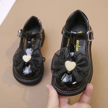 Кожени обувки за момичета; Колекция 2022 г.; Есен Нова детски обувки Принцеса свързани с лък за малки момичета; тънки обувки; Модерни детски обувки на равна подметка; Нескользящая 3