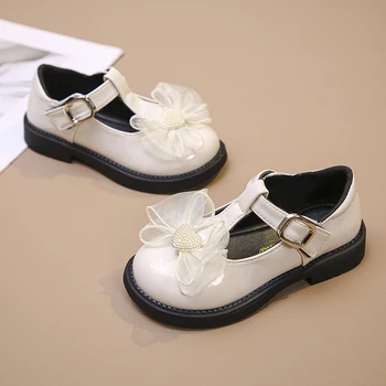 Кожени обувки за момичета; Колекция 2022 г.; Есен Нова детски обувки Принцеса свързани с лък за малки момичета; тънки обувки; Модерни детски обувки на равна подметка; Нескользящая 4