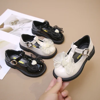 Кожени обувки за момичета; Колекция 2022 г.; Есен Нова детски обувки Принцеса свързани с лък за малки момичета; тънки обувки; Модерни детски обувки на равна подметка; Нескользящая 5