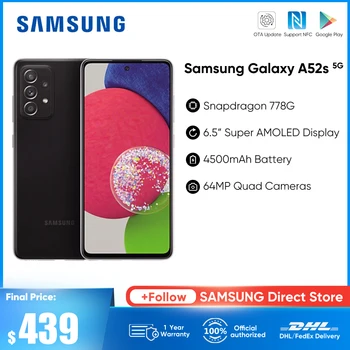 Samsung Galaxy A52s SM-A528 5G Смартфон Snapdragon 778G Подкрепа 4500 mah Батерия 120 Hz FHD + sAMOLED Дисплей 12-Бандов Мобилен телефон