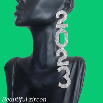 Нови луксозни дамски изящни блестящи Кристали по поръчка 2023 висулка преувеличени Обеци, Модни кристални цифрови Обици-Висулки