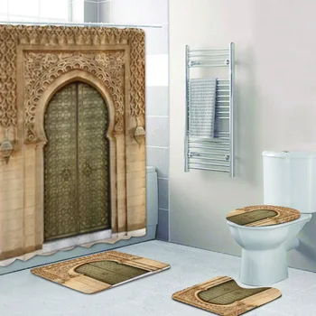 3D Антични Арабската Вратата в Рабат Мароко Баня Душ Завеса Комплект за Баня Ислямска Мароканска Арка Тоалетни Постелки и Килими Мюсюлмански 0