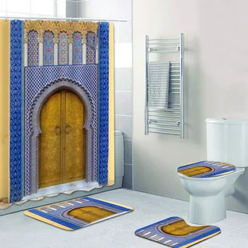 3D Антични Арабската Вратата в Рабат Мароко Баня Душ Завеса Комплект за Баня Ислямска Мароканска Арка Тоалетни Постелки и Килими Мюсюлмански 1