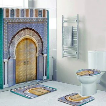 3D Антични Арабската Вратата в Рабат Мароко Баня Душ Завеса Комплект за Баня Ислямска Мароканска Арка Тоалетни Постелки и Килими Мюсюлмански 2