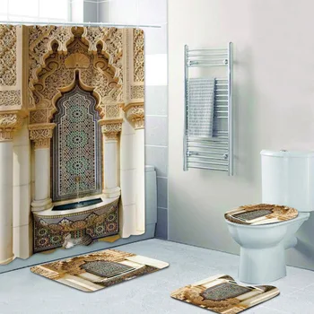3D Антични Арабската Вратата в Рабат Мароко Баня Душ Завеса Комплект за Баня Ислямска Мароканска Арка Тоалетни Постелки и Килими Мюсюлмански 3