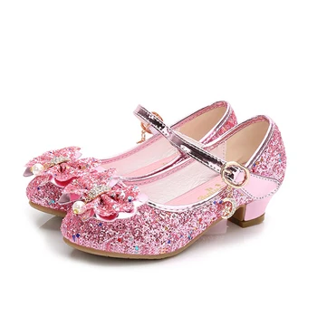 Обувки принцеси За момичета с възел на Пеперуда на висок ток с пайети, Нескользящая обувки за изпълнения и партита, Детски кожени обувки с кристали