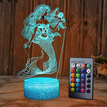 Русалка 3D Илюзия Лампа за Момичета Русалка Лампа Коледен Подарък за рождения Ден На малката Русалка 16 Цвята Променящата Led нощна светлина за Бебето