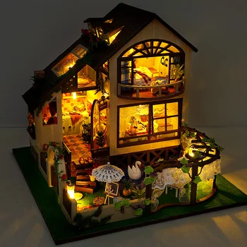 Направи си САМ Куклена Къща Комплект Апартамент Loft Дървени Миниатюрни Куклени Къщи, обзаведени с Мебели Led Светлини за Деца, Подарък За Рожден Ден