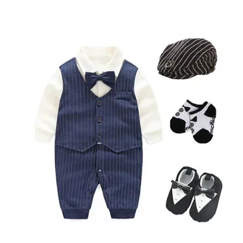 Смокинг за новородени момчета, костюм за сватбени партита, 0-18 месеца, детско боди + шапка + чорапи + обувки, облекло и комплект, подарък за душата на господин