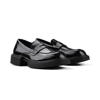 Блестящи черни мъжки ежедневни кожени обувки без закопчалка на дебела подметка с квадратни пръсти в стила на гепи, модерен мъжки oxfords в ретро стил 0