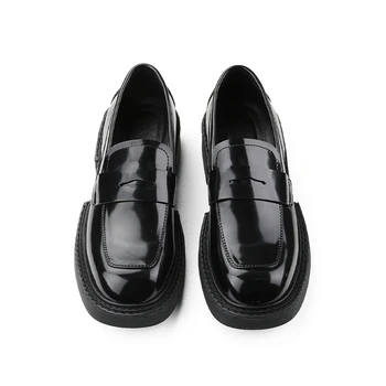 Блестящи черни мъжки ежедневни кожени обувки без закопчалка на дебела подметка с квадратни пръсти в стила на гепи, модерен мъжки oxfords в ретро стил 1