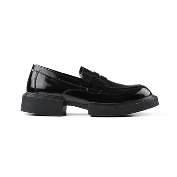 Блестящи черни мъжки ежедневни кожени обувки без закопчалка на дебела подметка с квадратни пръсти в стила на гепи, модерен мъжки oxfords в ретро стил 2