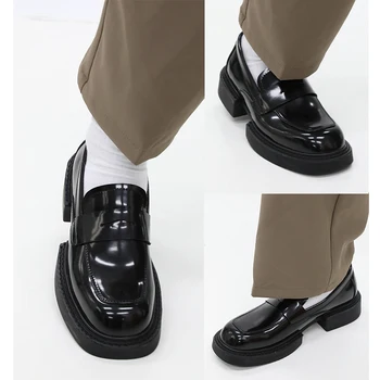 Блестящи черни мъжки ежедневни кожени обувки без закопчалка на дебела подметка с квадратни пръсти в стила на гепи, модерен мъжки oxfords в ретро стил 4