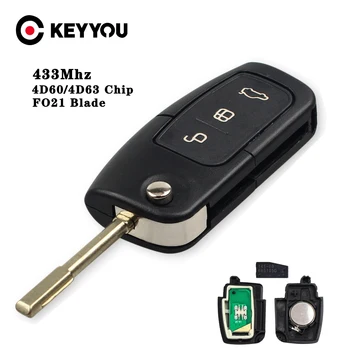 KEYYOU 433 Mhz 4D63/4D60 Чип Флип-Сгъваем Дистанционно Управление на Автомобилен Ключ За Ford Focus 3 2 Mondeo, Fiesta Калъф за Ключове 3 Бутона 80/40 Бита