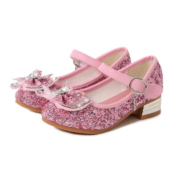 Обувки на принцесата на висок ток за момичета, детски сватбени обувки с пайети за момичета, детски модел обувки за момичета 23-38, сини/розови/златни обувки