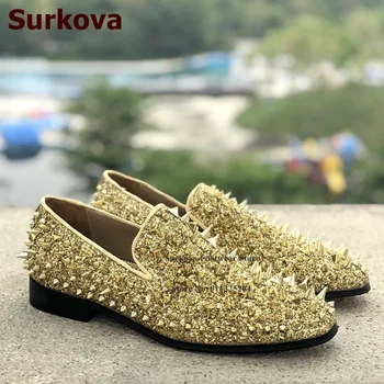 Мъжки модел Обувки Surkova Кралския син Цвят със Златни пайети и Нитове, Лъскави блестящи Лоферы с Декорация във формата на Шипове, Ежедневни Обувки 2