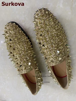 Мъжки модел Обувки Surkova Кралския син Цвят със Златни пайети и Нитове, Лъскави блестящи Лоферы с Декорация във формата на Шипове, Ежедневни Обувки 3