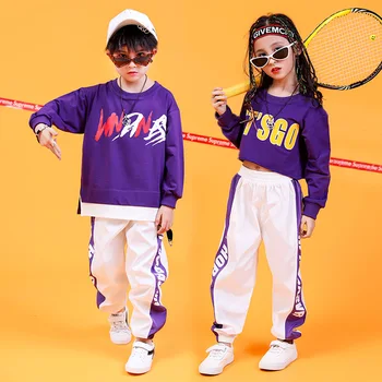 Модерен комплект дрехи в стил хип-хоп за момичета, детски Памучни Спортни Костюми, Градинска дрехи, Скъсяване на блузи и Панталони, дрехи за танци