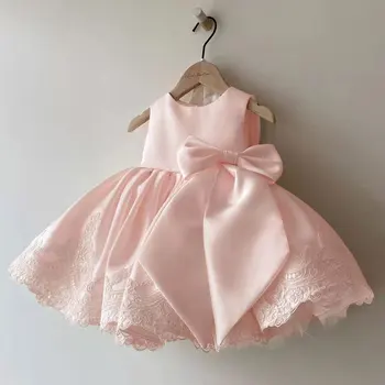 2022 Рокля за момичета без ръкави с лък, детско Принцеса Рокля за 1-6 години, елегантна вечерна детски дрехи от бял и розов цвят