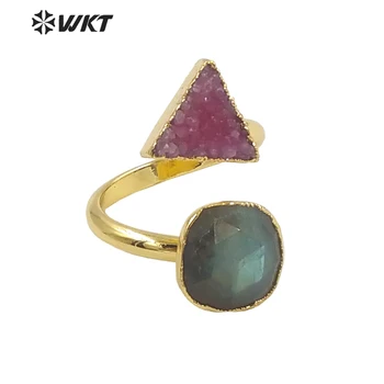 WT-R373 WKT изключителен Дизайн златен Пръстен с двойно камък, модерно популярно бъде позлатен Пръстен от естествен камък, регулируем Пръстен с друзой