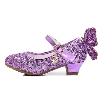 Лъскави обувки за момичета, обувки на висок ток с цветя модел за момичета, обувки на Принцеса за момиченца, лъскави обувки с пайети, рожден Ден, Пеперуда, 4 г., 5 години, 6 години