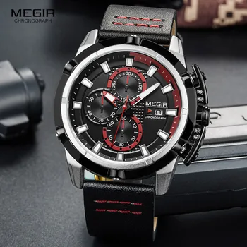 MEGIR Мъжки Състезателна серия, Кварцов часовник с Хронограф Водоустойчив Кожена каишка, Светещи Армейските Спортни Ръчни Часовници за Мъже 2062GBK-1