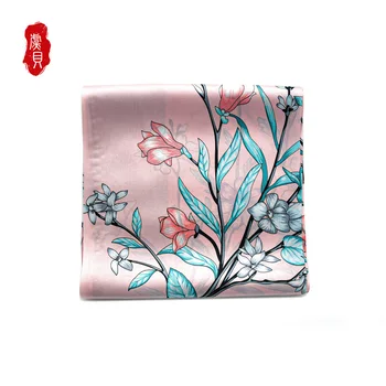Китайски класически 100% естествен копринен сатен, шал за жени с цветове, елегантни квадратни шалове 90 см, розова кърпа, шал, луксозен подарък за жена
