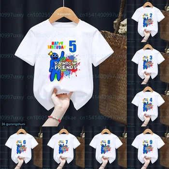Забавна, Акварел Тениска с Дъга Приятели, Тениска честит Рожден Ден, на Номер 2-9, Тениска За Момчета и Момичета, Бебешки Дрехи, Блузи С Къс Ръкав