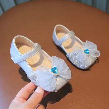 Фини обувки с мека подметка за момичета, Есента Нови Модни обувки на принцесата с лък и пайети, кожени обувки за малки момичета на Сватба парти H482