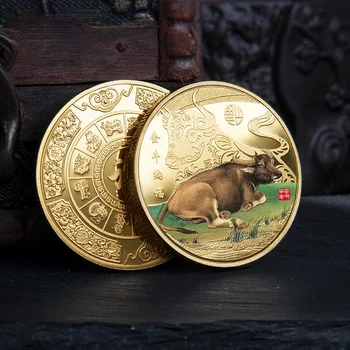 2021 Дванадесет Зодиакальных Бикове Коледни Възпоменателни Монети Говеда Боядисана Позлатен Медал Декоративен Коллекционный Подарък