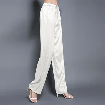 Дамски модни леки луксозни сатен с копринени панталони, летни драпирани ежедневни панталони с права тръба, свободни панталони, дамски 20120