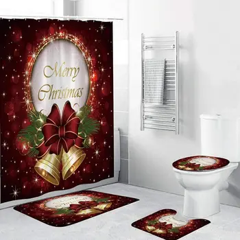 Весела Коледа Комплекти Завеса За Душ Постелки За Баня Капак Капак На Тоалетната Чиния Подложка За Баня Дядо Коледа, Снежен Човек Свирки Завеса За Душ Декор На Банята