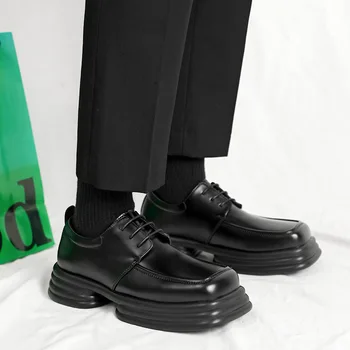 Ежедневни Кожени Обувки за Мъже, Реколта Обувки-дерби с Квадратни Пръсти, Меки и Удобни Мъжки Модел обувки на плоска подметка с шнур