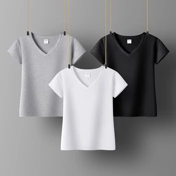Дамски тениски с V-образно деколте, риза за жени, Черна, Бяла дамски дрехи, Памучни тениски с Къс ръкав за момичета, Основни Върхове