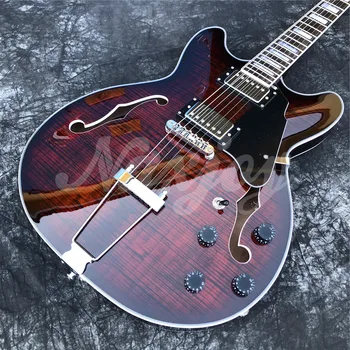 Grote Brown Flame Maple 6 Струнен Джаз Електрическа китара с двойни дупки F, Полуполый Корпус, Реални Снимки 1