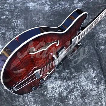 Grote Brown Flame Maple 6 Струнен Джаз Електрическа китара с двойни дупки F, Полуполый Корпус, Реални Снимки 4