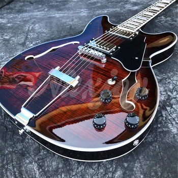 Grote Brown Flame Maple 6 Струнен Джаз Електрическа китара с двойни дупки F, Полуполый Корпус, Реални Снимки 5