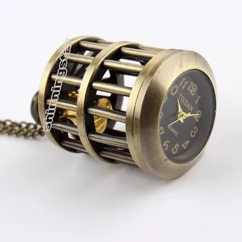 Модерен дизайн бронзова птичья клетка джобни часовници колие окачване верига ретро мъжки часовник relogio de bolso