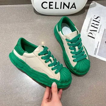 Зелени маратонки с блокиране на цвят Shell Head, Дамски пролетно-есенни обувки 2022 г., Нова Спортна Ежедневни обувки за баща на дебела подметка с шнур