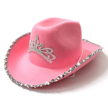 Зимни дамски Короната Западна ковбойская шапка шапка шапка перо пайети подреждане на розово каубойски шапка украса на капачката на
