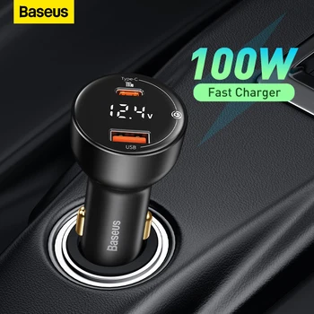 Baseus 100 W Зарядно за Кола с Два USB Порта Type C Бързо Зарядно Устройство за Цифрова PPS QC PD 3,0 Зарядно За Лаптоп, iPhone 13 12 Xiaomi